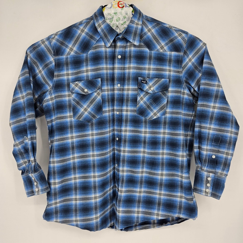 VTG Wrangler Shirt Mens 2XT Plaid Denim Brushpopper Pearl Snap Up Western Cowboy